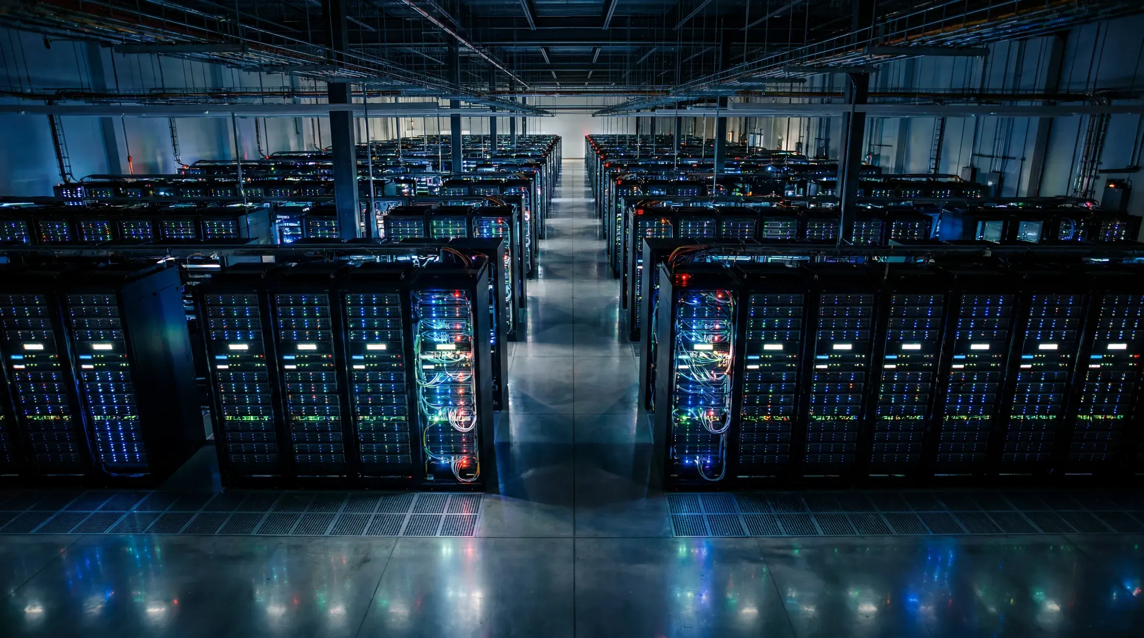 Rows of server racks in a data centre corridor